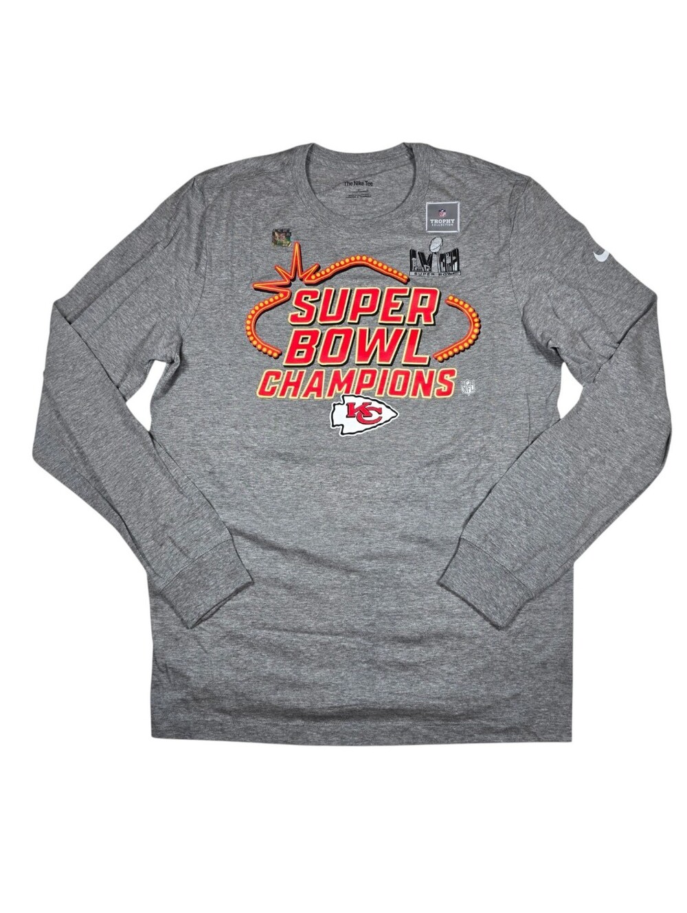 Nike NFL Mens Kansas City Chiefs Super Bowl LVIII Champions Gray L/S Shirt Sz L